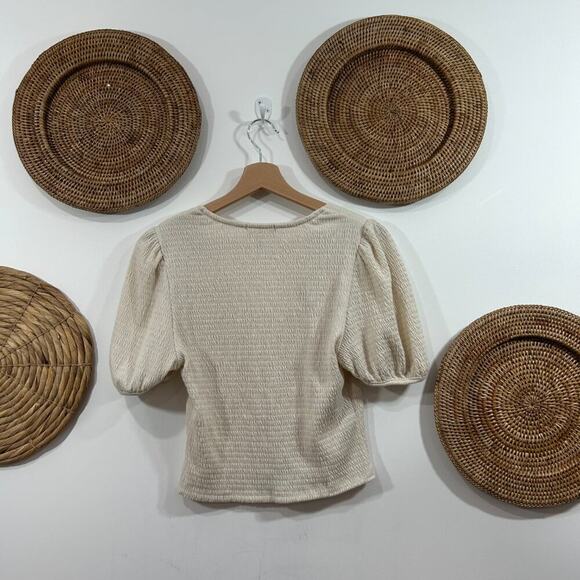 Altar'd State Neutral Cream Knit Short Puff Sleeve Cropped Top Tee Medium - Picture 2 of 5